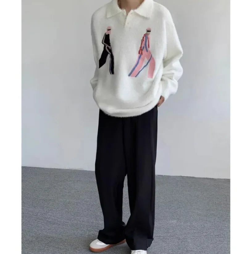 Korean Embroidery Lapel Sweater Mens Spring Street Trends Soft Seahorse Hair Loose Pullover Thickening Y2K Couple Knitwear New Street King Limited