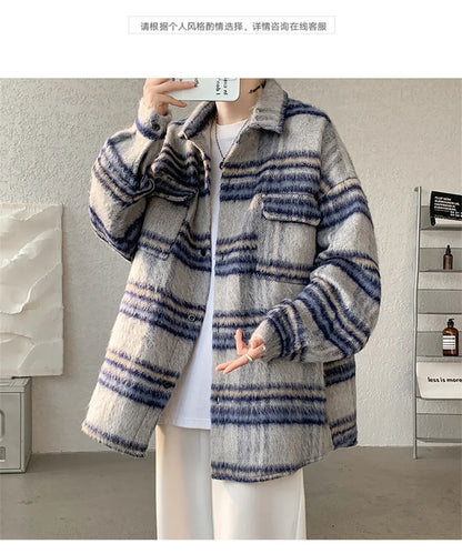 winter y2k vintage striped woolen jackets for men patchwork long sleeve plaid cardigan coats high street cargo shirt jacket unique cargo style 65