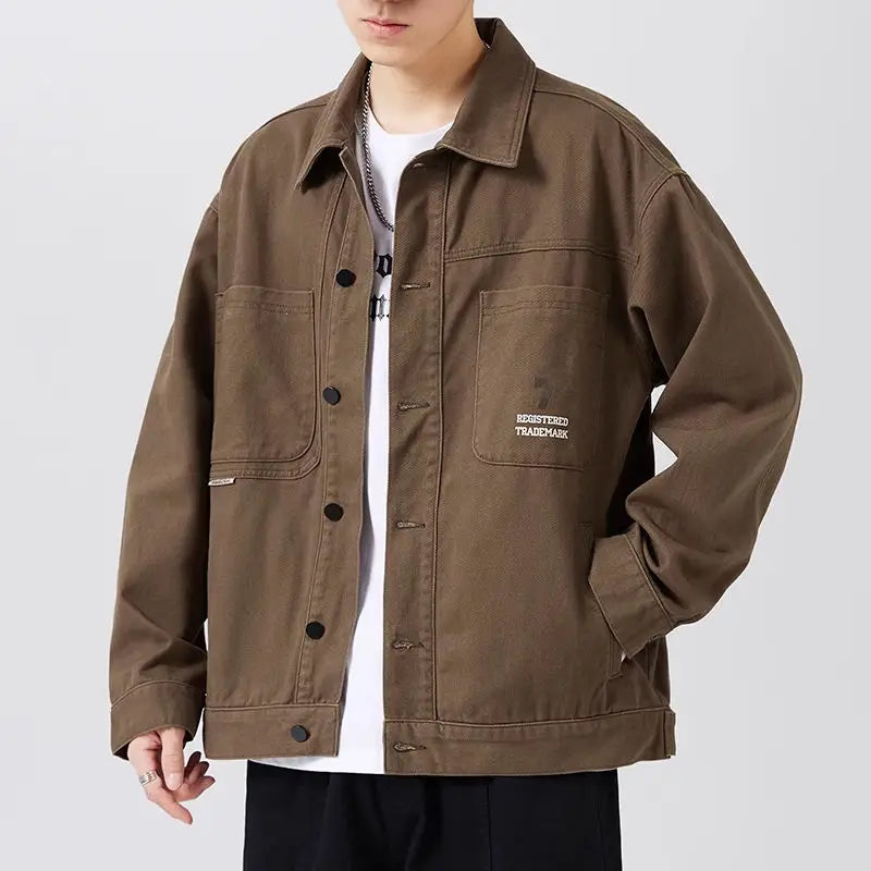 american retro workwear jacket for boys loose spring and autumn high street japanese style khaki casual trendy denim jacket tops unique jeans style 4870