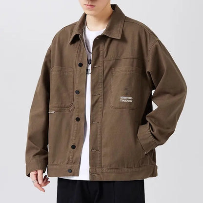 american retro workwear jacket for boys loose spring and autumn high street japanese style khaki casual trendy denim jacket tops unique jeans style 4870