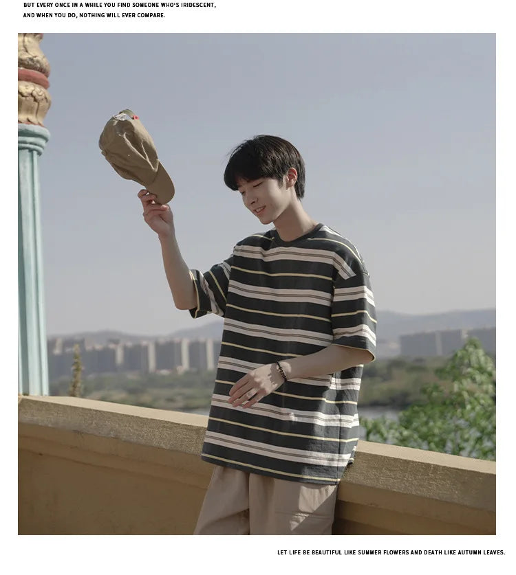 Japanese Striped Short-Sleeved Men's Summer Loose Three-Quarter Sleeve T-Shirt Trendy Casual Versatile Student Couple T-Shirt Street King Limited