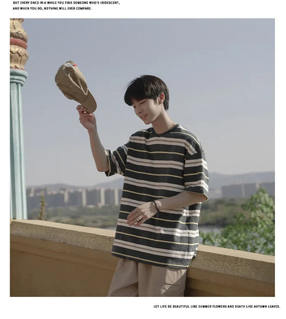 Japanese Striped Short-Sleeved Men's Summer Loose Three-Quarter Sleeve T-Shirt Trendy Casual Versatile Student Couple T-Shirt Street King Limited