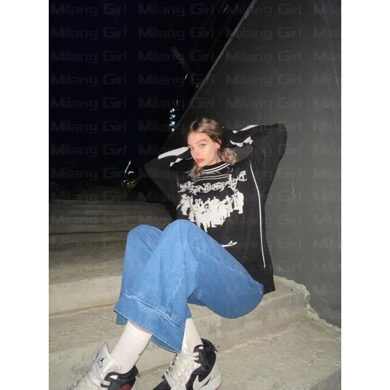 Hip Hop Streetwear Knitted Sweater Men Women Gothic Hassett Pattern Oversized Sweater Pullover Winter Harajuku Cotton sweater Street King Limited