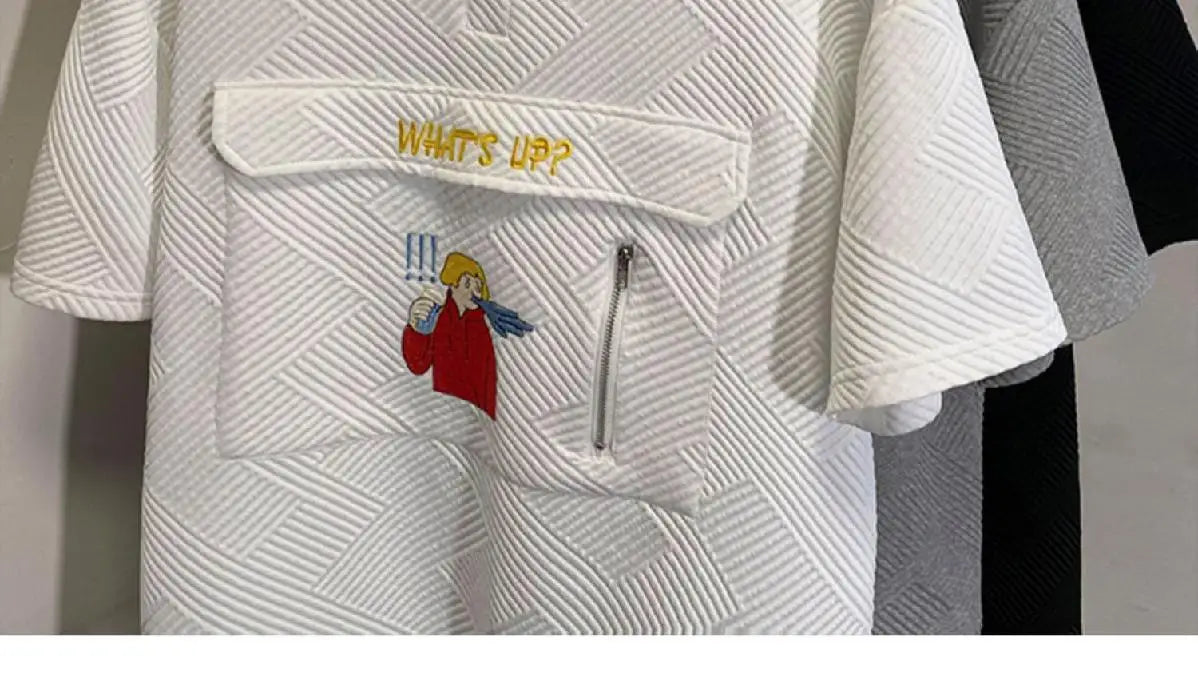 Korean waffle short-sleeved polo shirt with cartoon pattern summer jacquard collar t-shirt for men ins Hong Kong style loose top Street King Limited