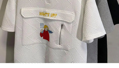 Korean waffle short-sleeved polo shirt with cartoon pattern summer jacquard collar t-shirt for men ins Hong Kong style loose top Street King Limited