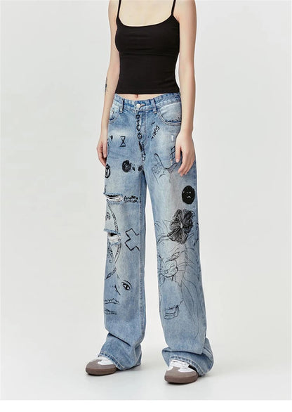 men baggy ripped jeans graffiti printed straight denim pants distressed jeans male streetwear hip hop jeans trousers y2k unique jeans style 5505