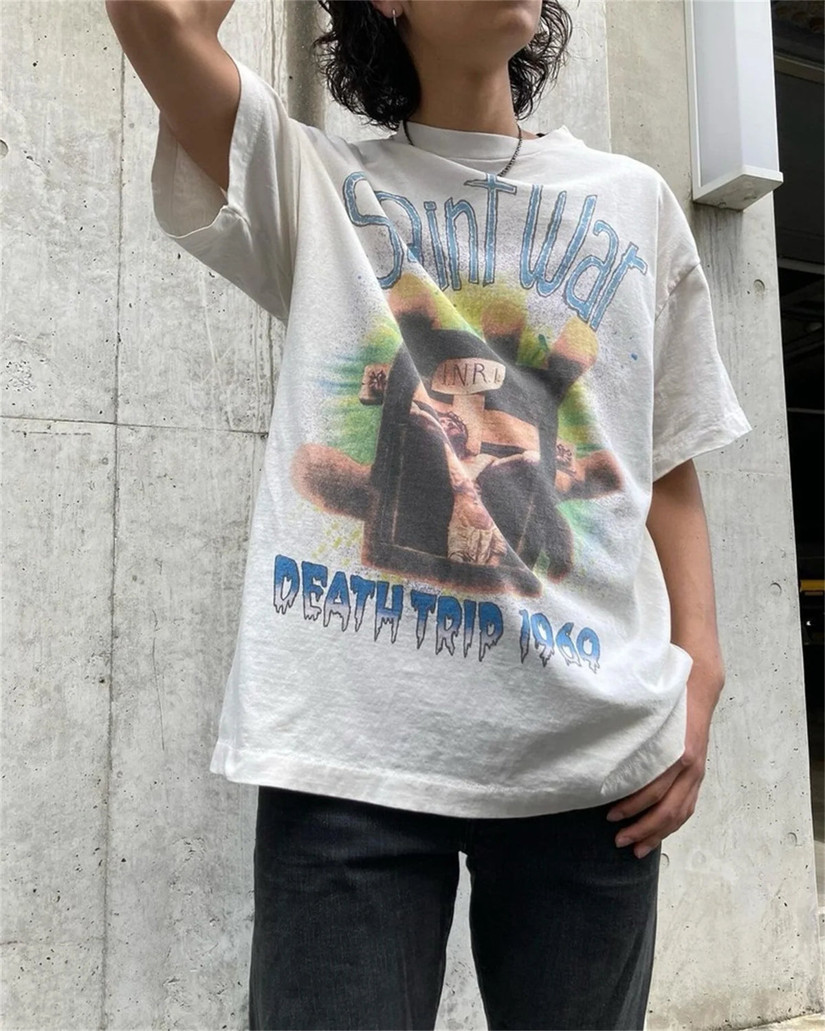 24SS New Vintage Retro Cross Printing Washed Distressed Short Sleeves T-Shirt Tops Street King Limited