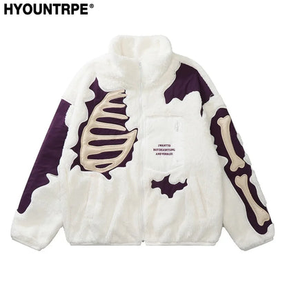 mens casual skulls patchwork fleece jackets coats new hairy stand collar zipper loose hoodies outerwears warm streetwear parkas relaxed fit trousers