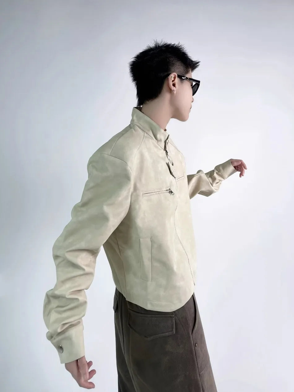 retro motorcycle pu leather jacket mens brown coffee short punk stand collar bomber coats spring high street racing suit new unique shorts style 3348