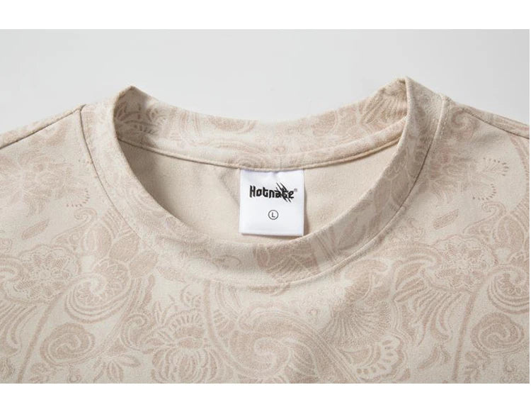 Merican Hip-hop Summer Thin Section Suede Cashew Flower Print Tshirts Tops Men and Women Loose Short-sleeved T-shirts Oversized Street King Limited