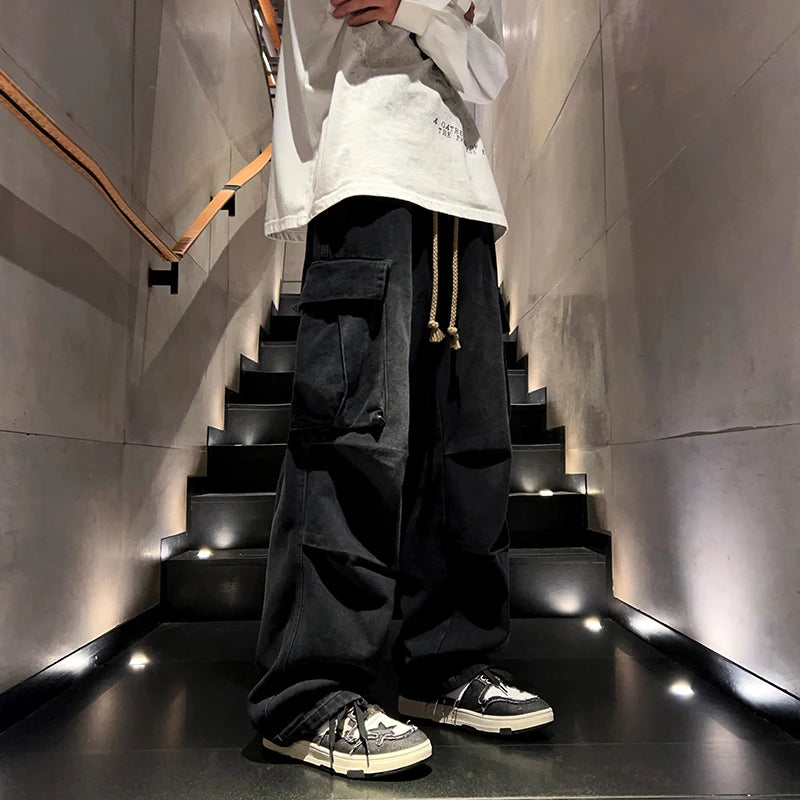 Washed Distressed Cargo Pants High Street Style Men's Jeans Side Pockets Denim Wide-leg Trousers Casual Loose Trousers Street King Limited