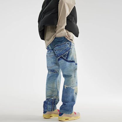 fashion fake patchwork printed denim jeans mens new casual zipper straight loose jeans streetwear hip hop baggy pants joggers streetwear sweatpants