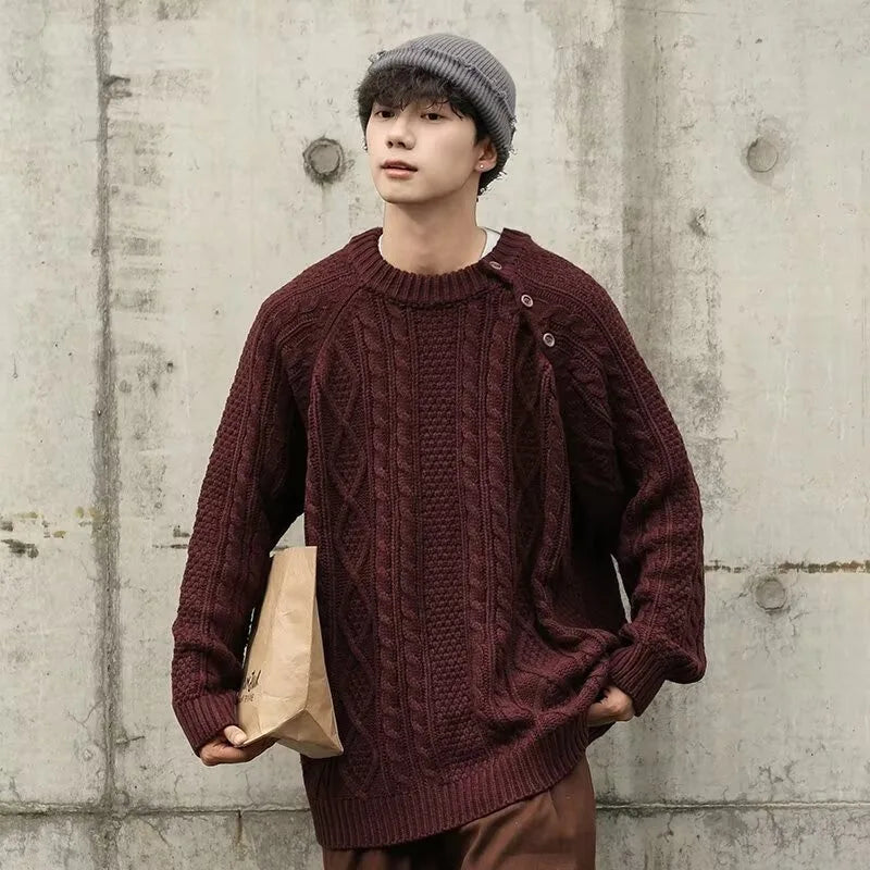 Thicken Japanese Retro Sweater Mens 2024 New College Couples Casual Warm Round Neck Pullover Red Simplicity Knitted Jacket Street King Limited