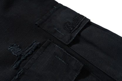 vintage ripped damaged black cargo shorts for men high street wide leg baggy overalls distressed summer knee length pants unique cargo style 3106