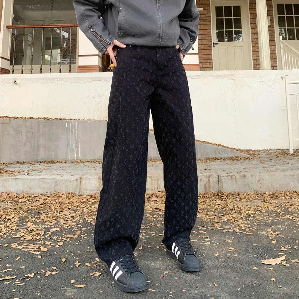 men brand fashion wash jacquard denim splice pocket loose casual wide leg baggy jeans cityboy cargo jeans pants trousers unique cargo style 2444