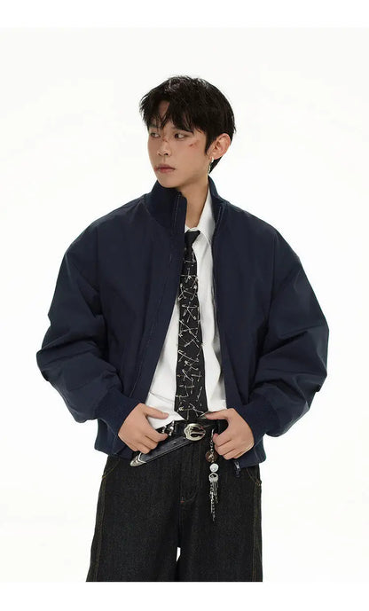 short design stand collar bomber jacket men korean streetwear fashion loose casual vintage bomber jacket coat cityboy outerwear unique shorts style 525