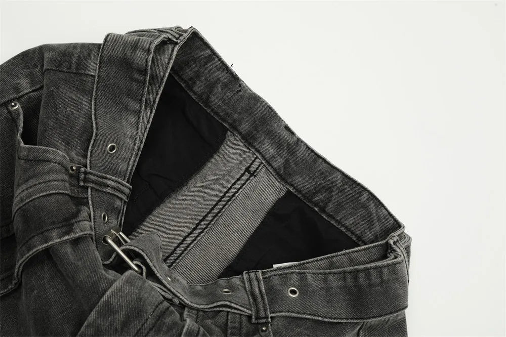 american high street vibe fashion splice jeans mens belt loose casual vintage wide leg straight denim baggy jeans pants trouser unique jeans style 1374