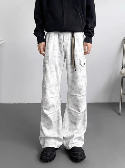 American Tie Dye Cargo Pants Mens Autumn Vintage High Street Straight Leg Trousers Casual Multi Pocket Loose Overalls Male Street King Limited