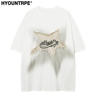 Men Oversized T Shirt Star Spliced Harajuku Streetwear Tshirts New Unisex Fashion Casual Loose Cotton Hip Hop Y2K T-shirt Tops Street King Limited