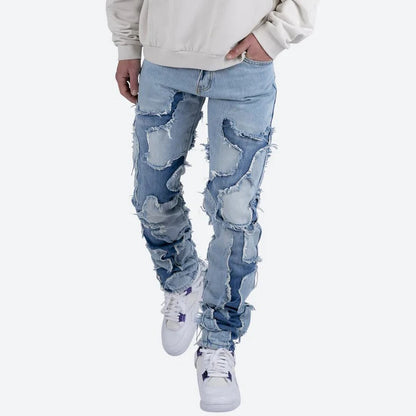 high street vibe style patchwork frayed jeans pants for men retro washed hole ripped casual loose denim trousers oversized unique jeans style 2365