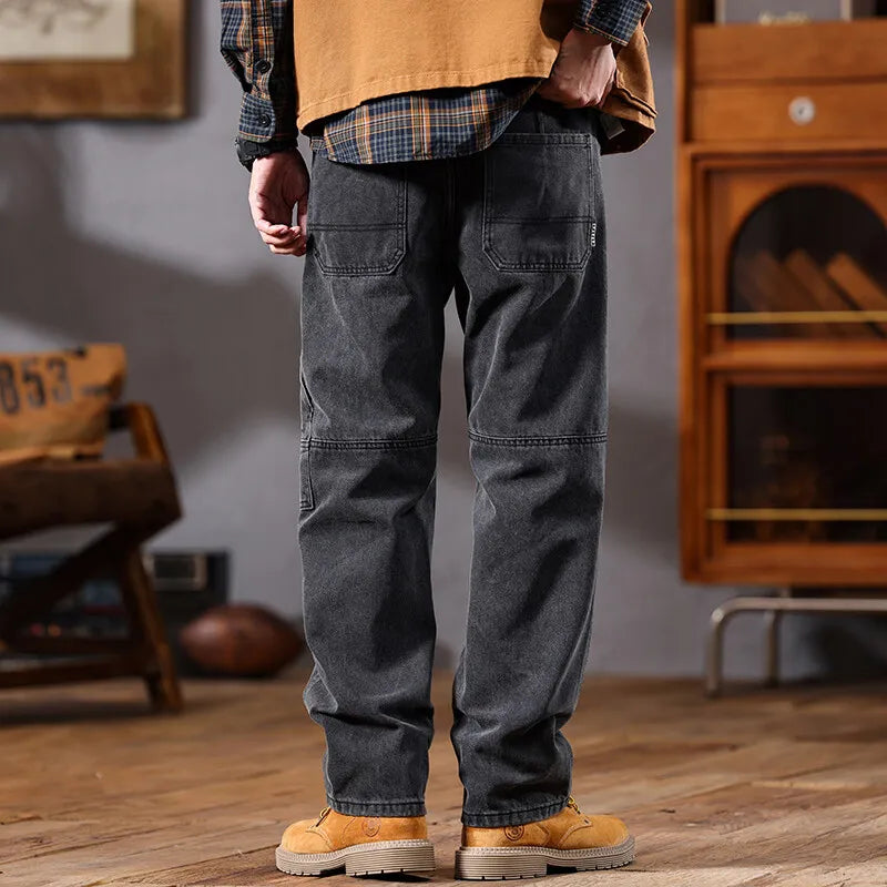 men retro fashion streetwear loose casual plus size straight denim cargo jeans pants man black gray jeans trousers multi-pocket cargos