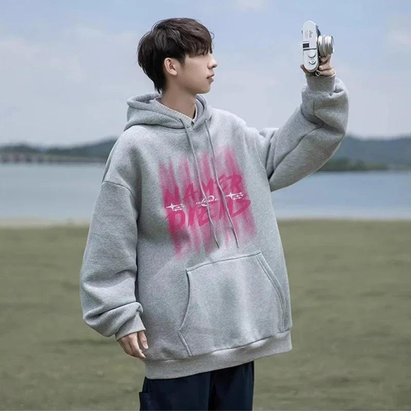 2024 New Graffiti Letter Print Hooded Fleece Sweatshirt For Men Loose Fit Hip Hop Fashion Pullover Hoodies Y2K Streetwear Hoodie Street King Limited