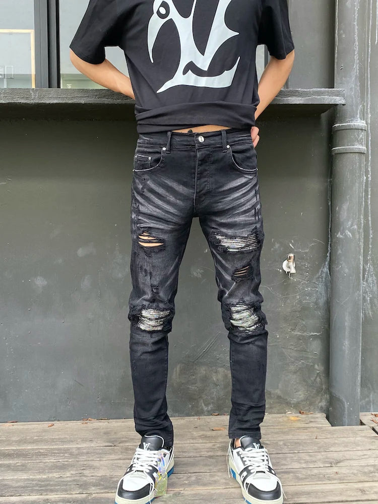 knee hole patckwork skinny denim jeans men slim biker trousers jeans fashion streetwear hip hop retro washed jean pants joggers unique joggers style 2346