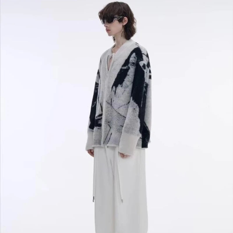 Color Blocked Gradient Cardigan Mens Imitation Mink Fur Jacquard Trend Couple Knitted Jacket Zipper High Street Sweater Coats Street King Limited