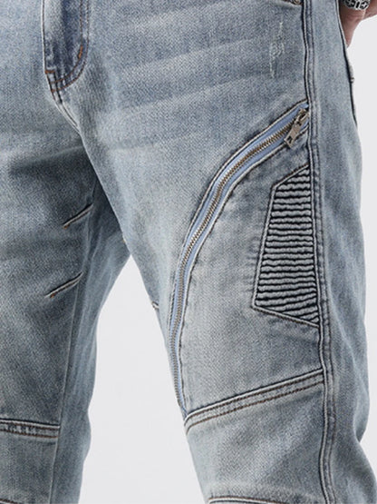 zipper hole patchwork pleated skinny denim jeans men casual slim fit biker trouser jeans fashion streetwear hip hop jean joggers unique joggers style 771
