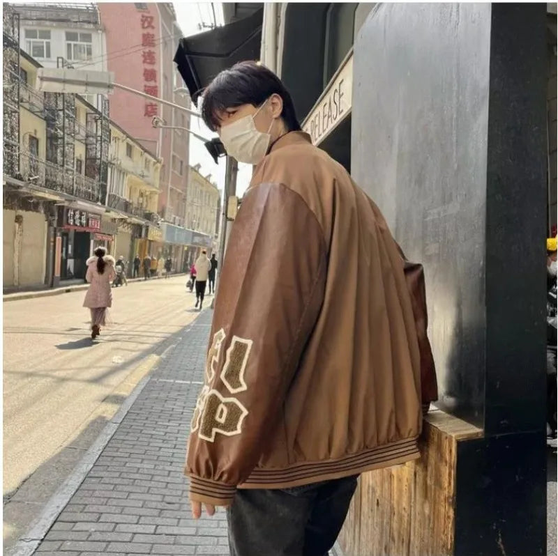 american retro mens baseball uniform street harajuku patchwork leather loose jackets color block towel embroidery trend coats unique default style 2931