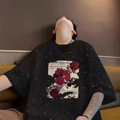 Summer cotton loose round neck starry sky short sleeved men and women American street trend personalized printed T-shirt top Street King Limited
