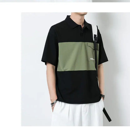 New polo shirt men's contrast color lapel spliced long sleeve t-shirt japanese large size loose sweatshirt bottoming shirt tops Street King Limited