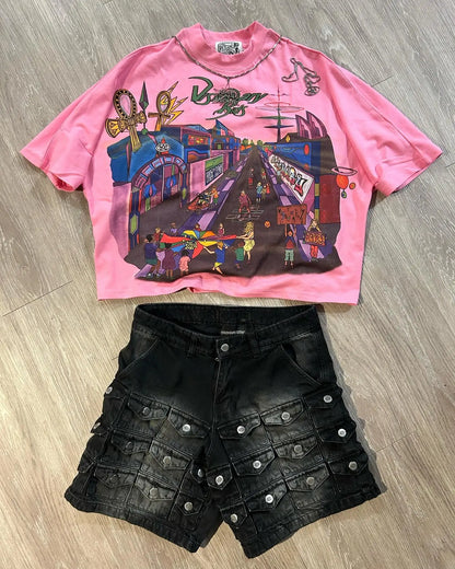 Retro Gothic Cartoon Pattern Oversized T-shirt Women's Spring and Autumn 2024 New Fashion Rock Harajuku Loose Casual y2k Top Street King Limited