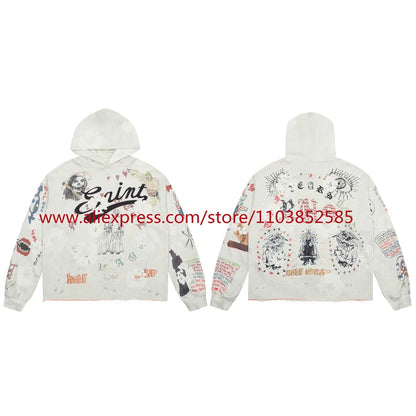 Washed Saint Vintage Hoodie Men Women 1:1 Best Quality Hold Hooded Oversize Pulleys Autumn Winter Tops Shinjuku 2024 High Street Street King Limited