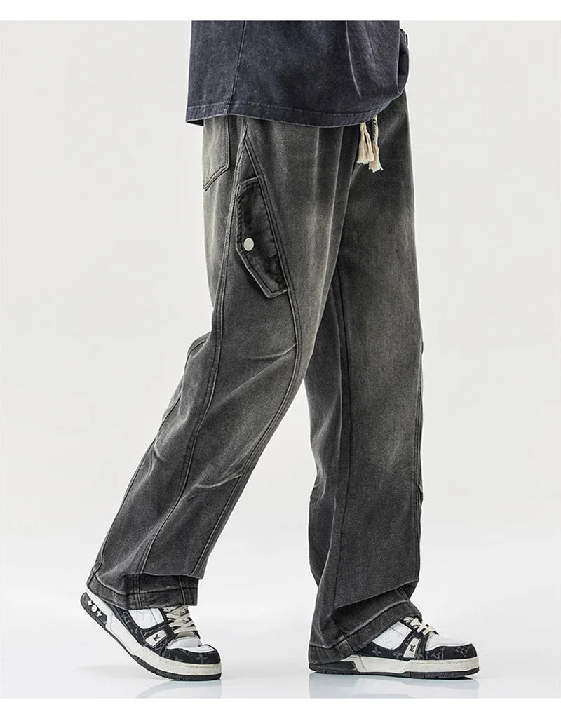 2025 new hip hop multi pockets straight jeans for men high street cargo denim pants spring y2k vintage distressed baggy jean unique cargo style 3366