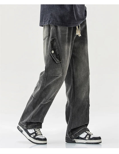 2025 new hip hop multi pockets straight jeans for men high street cargo denim pants spring y2k vintage distressed baggy jean unique cargo style 3366