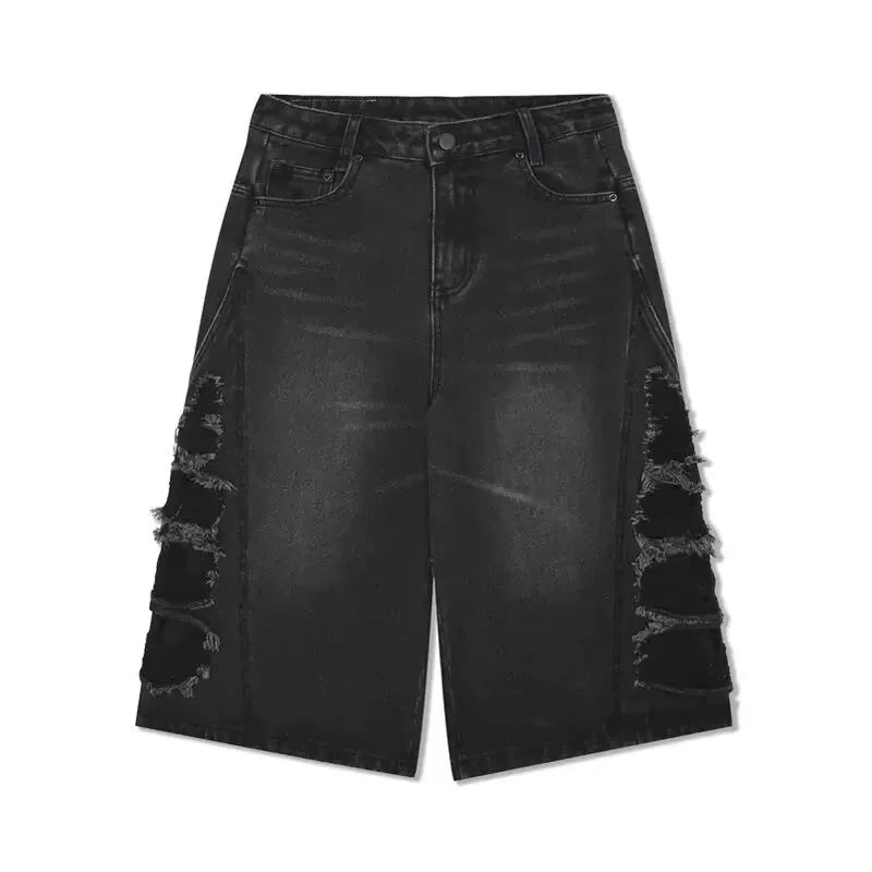 mens hip hop washed denim shorts broken hole folds burr edge street punk cowboy middle pants pockets bomber quarter pants y2k unique jeans style 4374