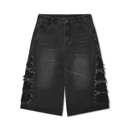 mens hip hop washed denim shorts broken hole folds burr edge street punk cowboy middle pants pockets bomber quarter pants y2k unique jeans style 4374
