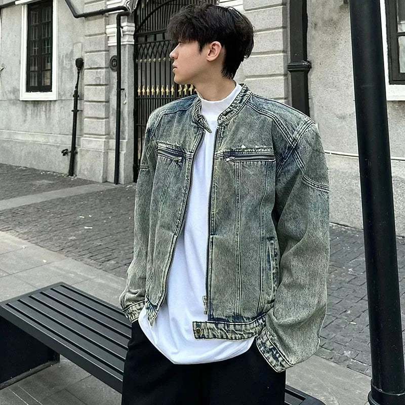 male denim jackets high street shoulder pad design patchwork solid men short coats american style loose short outwear zipper unique jeans style 3952