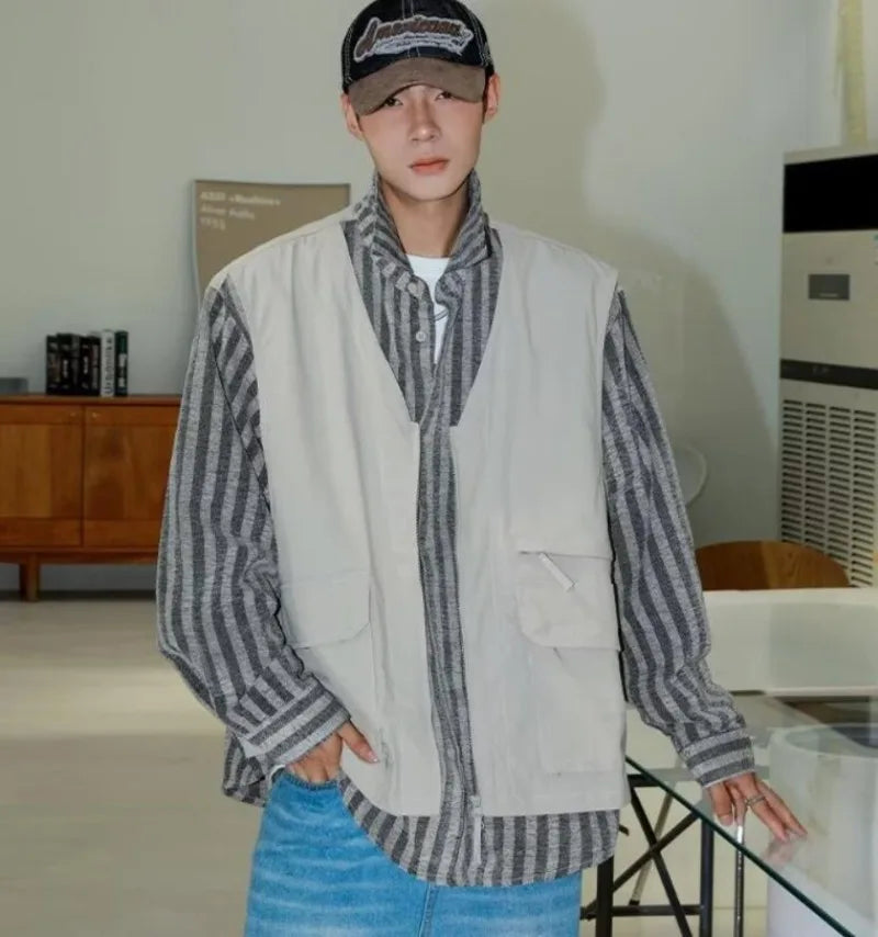 striped mens shirt jacket 2024 spring japanese street color blocked fake two coats vest tooling trend zipper long sleeved tops unique default style 2383