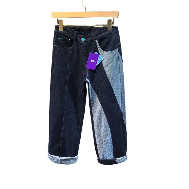 men streetwear splice denim fashion brand hip hop loose casual straight jeans pant cityboy deep blue y2k jeans trousers for men unique jeans style 1774
