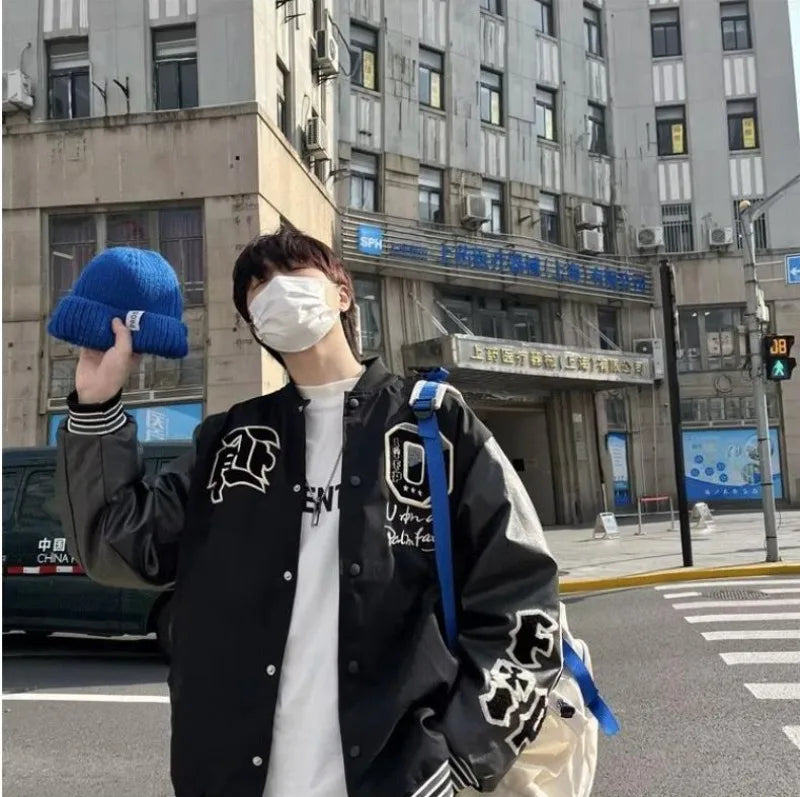 american retro mens baseball uniform street harajuku patchwork leather loose jackets color block towel embroidery trend coats unique default style 2924