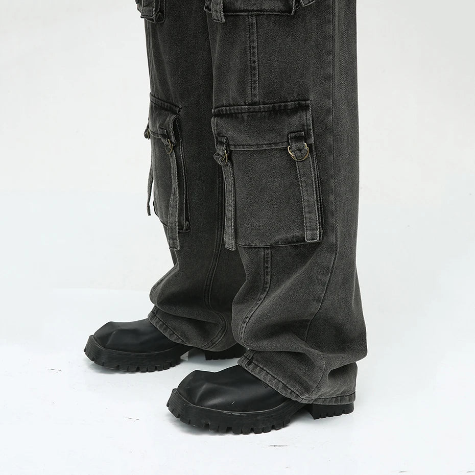 multi pocket cargo jeans men korean fashion loose straight denim pants multi-pocket cargos