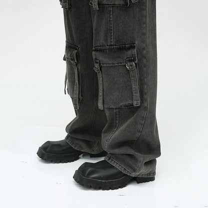 multi pocket cargo jeans men korean fashion loose straight denim pants multi-pocket cargos