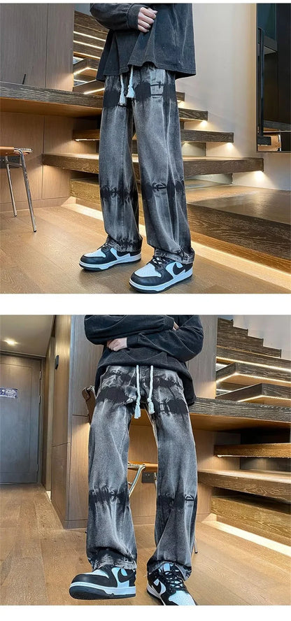 2025 new tie dye retro drawstring jeans for men baggy high street straight pants hip hop fashion casual y2k jean hombre pantalon unique jeans style 851