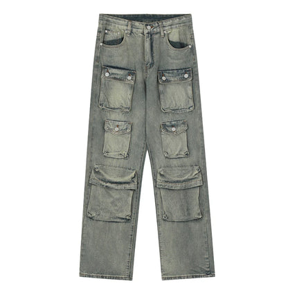 hip hop cargo denim pants streetwear plain denim pants mens harajuku cotton casual joggers jeans loose straight pants trousers sporty tapered joggers