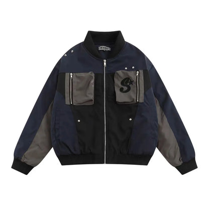 multi pocket bomber jacket men vintage loose varsity coat fashion korean patchwork baseball pilot outerwear unisex spring autumn unique default style 3744