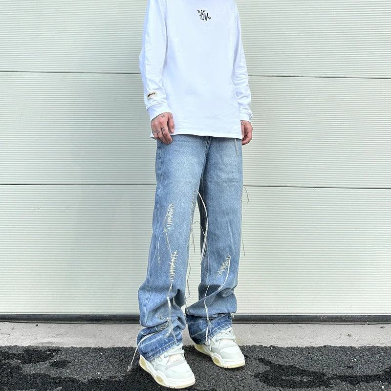 fashion loose streetwear denim jeans new casual wide legs straight jean pants hip hop tassel joggers baggy jeans men clothing unique joggers style 4896