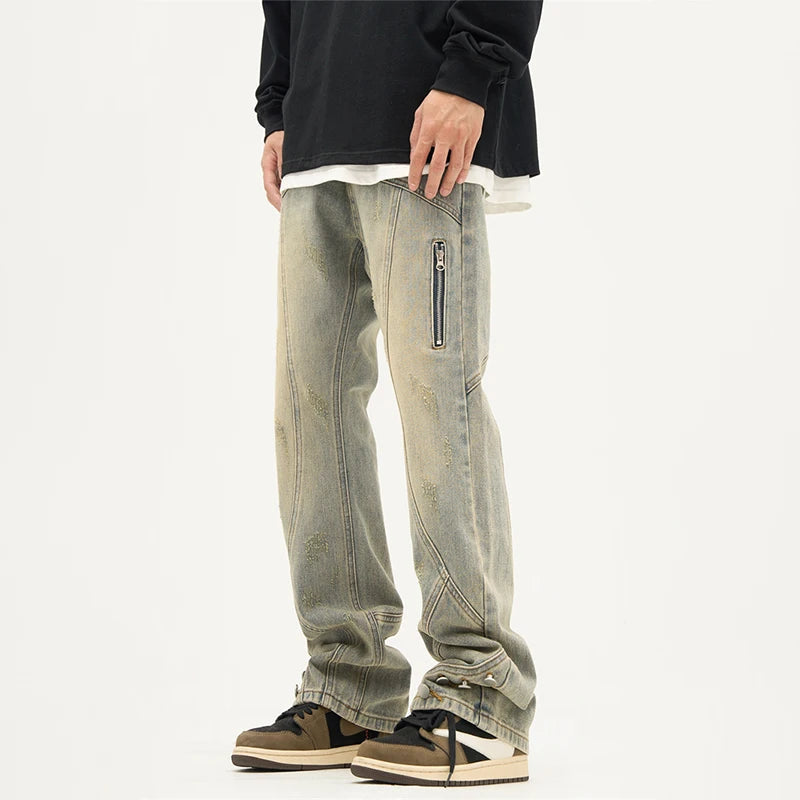 american high street retro straight jeans men casual patchwork y2k denim pants hip hop streetwear zipper baggy cargo jean multi-pocket cargos