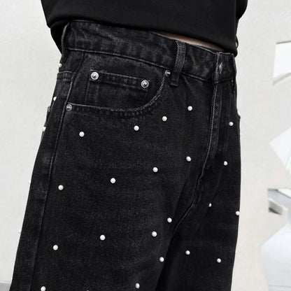men bead streetwear fashion hip hop vibe loose casual wide leg straight denim jeans baggy pant man boyfriend jeans trousers unique jeans style 2874